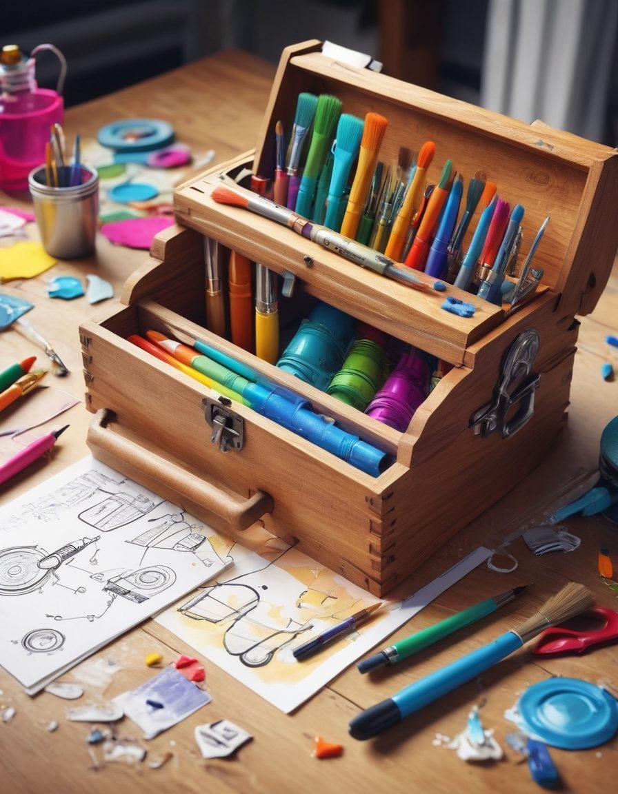 A vibrant, open toolbox filled with colorful creative tools like paint brushes, sketch pads, and digital devices, surrounded by swirling abstract ideas and inspiration symbols like light bulbs and gears. The background features a mind map filled with trends in creativity, with bursts of colors depicting imaginative possibilities. Super-realistic. Bright and vibrant colors. 3D.