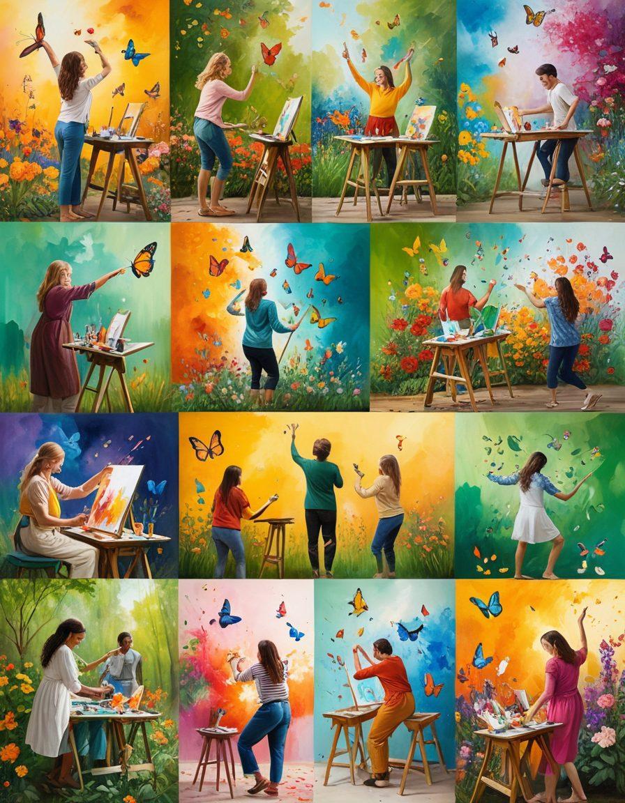 A vibrant collage of artists in various creative activities, such as painting, sculpting, and dancing, surrounded by colorful splashes of paint and bright flowers symbolizing joy. Incorporate elements of nature like butterflies and sunlight streaming through leaves, conveying a sense of bliss and inspiration. The scene should radiate happiness and artistic freedom. colorful illustration. whimsical style. vibrant colors.