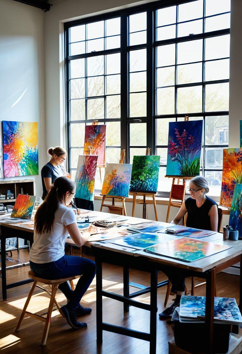 A vibrant art studio filled with diverse artists collaborating on colorful canvases, surrounded by paintings that depict community and connection. A warm, inviting atmosphere with natural light streaming in through large windows, showcasing different art styles from impressionism to abstract. People of various backgrounds are joyfully engaging in discussion, highlighting the theme of unity through art. super-realistic. vibrant colors. airy ambience.